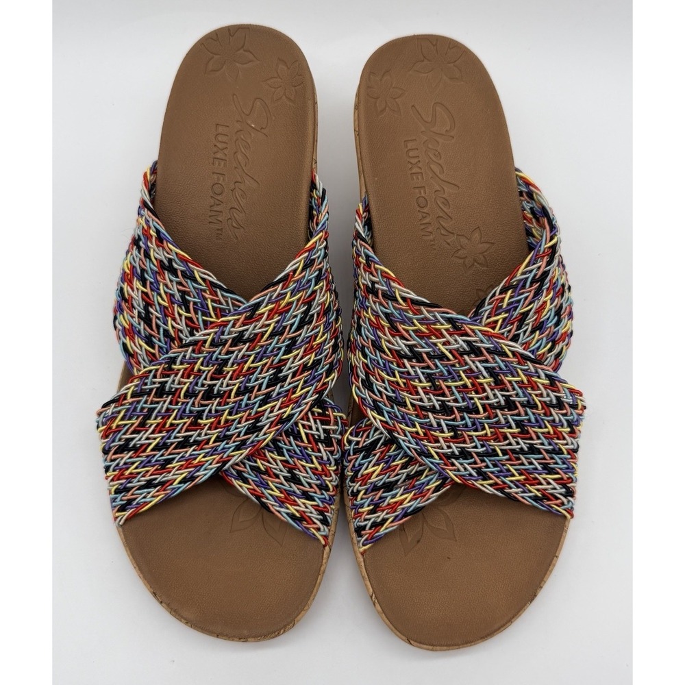 Skechers Beverlee Wedge Luxe Foam Sandals Woman's Sz‎ 9 Multicolor Open Toe